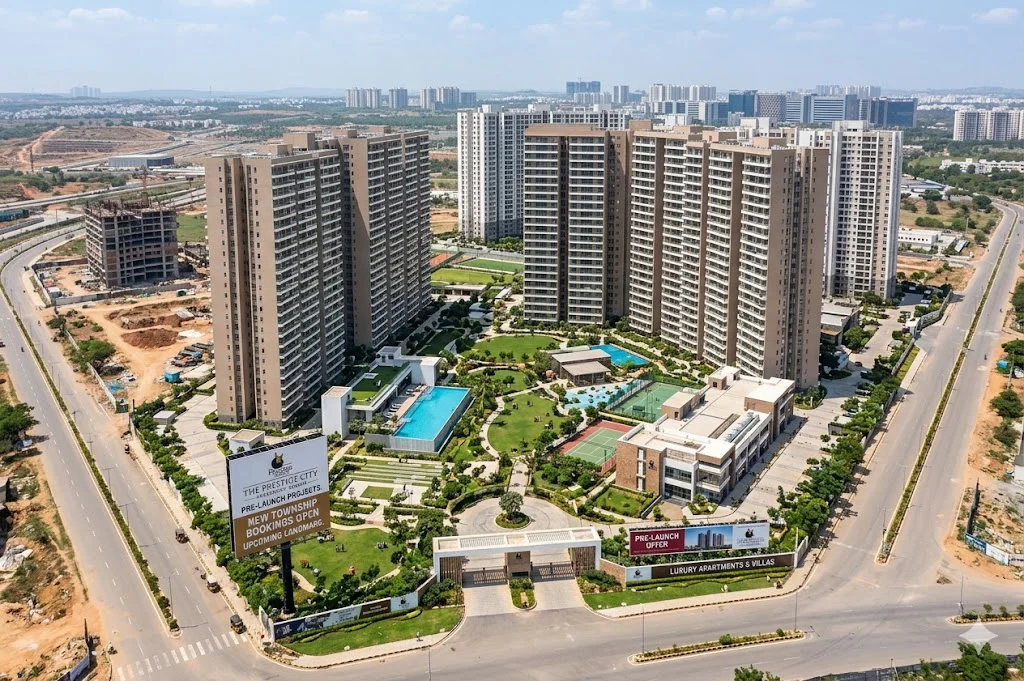 Architectural rendering of premium residential properties in the pre-launch phase by Prestige Group in Hyderabad.